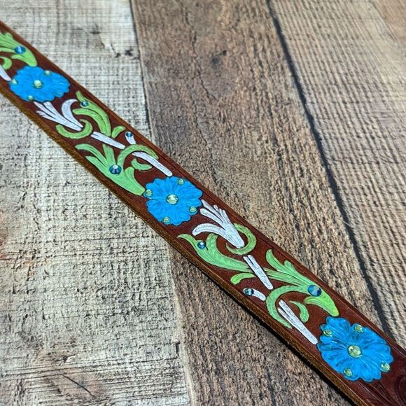 Floral painted tooled leather belt with rhinestone bling detail main image 8